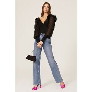 Hutch Women's Black Long Balloon Sleeves Reni Ruffles Metallic Top Size L